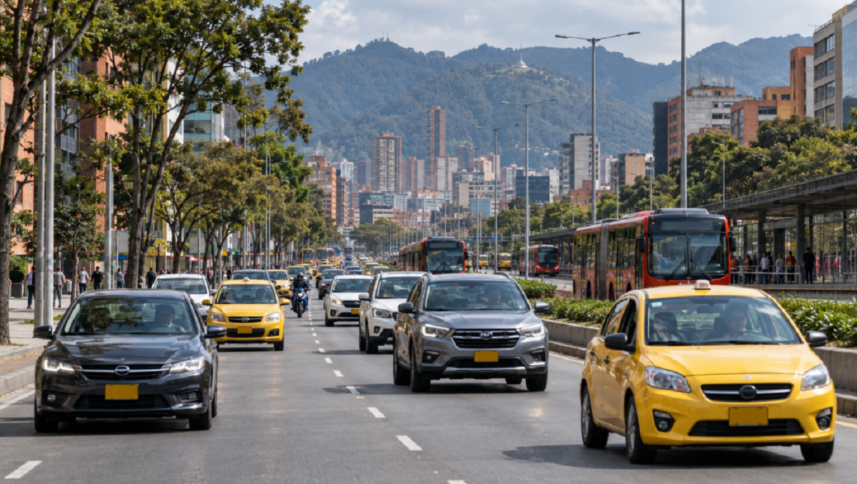 Automóviles y taxis en circulación sobre un corredor urbano en la capital colombiana.