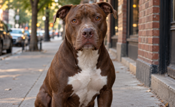 Perro de raza pitbull amarrado en un entorno doméstico.