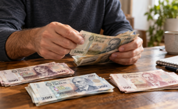 Persona contando billetes de pesos uruguayos sobre un escritorio de madera.