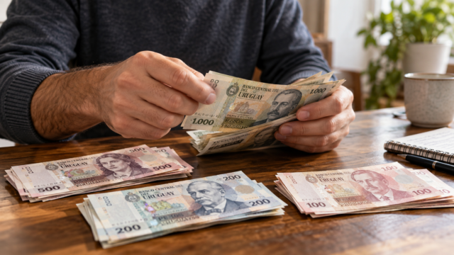 Persona contando billetes de pesos uruguayos sobre un escritorio de madera.