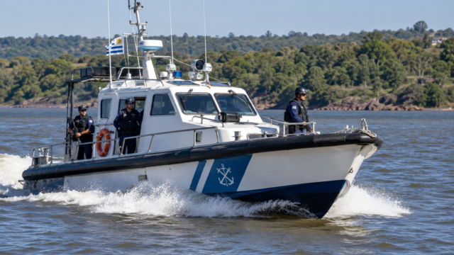 Embarcación de la Prefectura Nacional Naval patrullando las aguas del río Uruguay.
