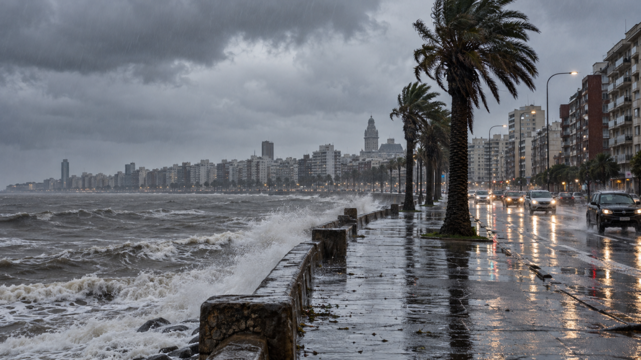 Cielo nublado sobre Montevideo con lluvias intensas anunciando el fenómeno de El Niño.