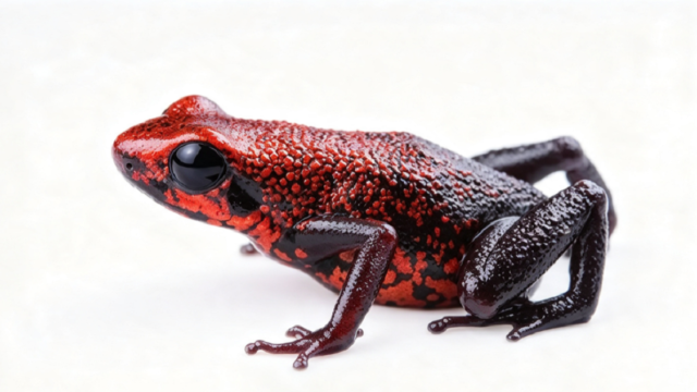 Diminuta rana venenosa Excidobates perplexus de color rojo escarlata y manchas negras.