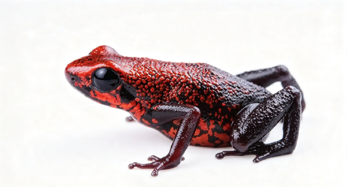 Diminuta rana venenosa Excidobates perplexus de color rojo escarlata y manchas negras.