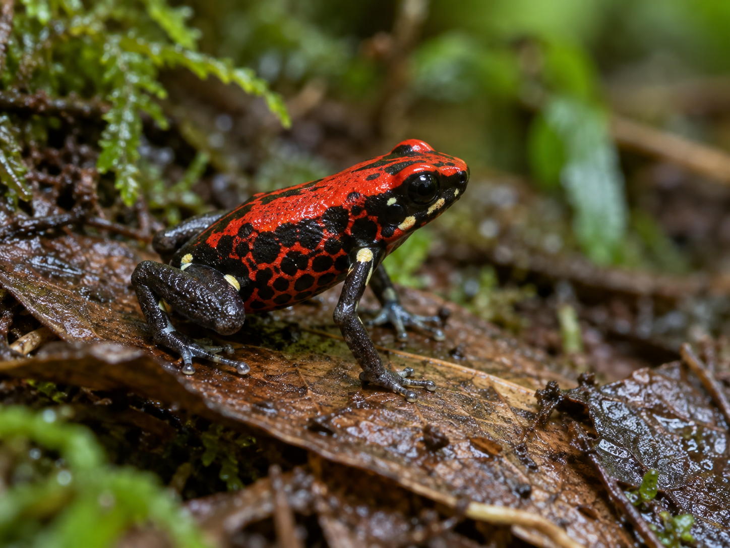 Pequeño anfibio ecuatoriano Excidobates perplexus de cuerpo rojo y extremidades oscuras.