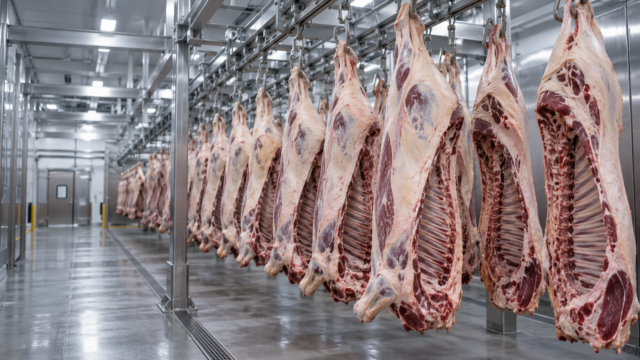 Reses de carne en la cadena de producción de la planta frigorífica.