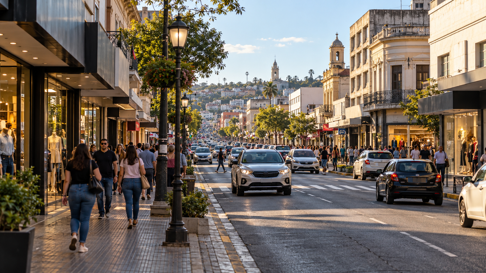 Vista del centro comercial de Rivera en la frontera seca con la ciudad brasileña de Santana do Livramento.