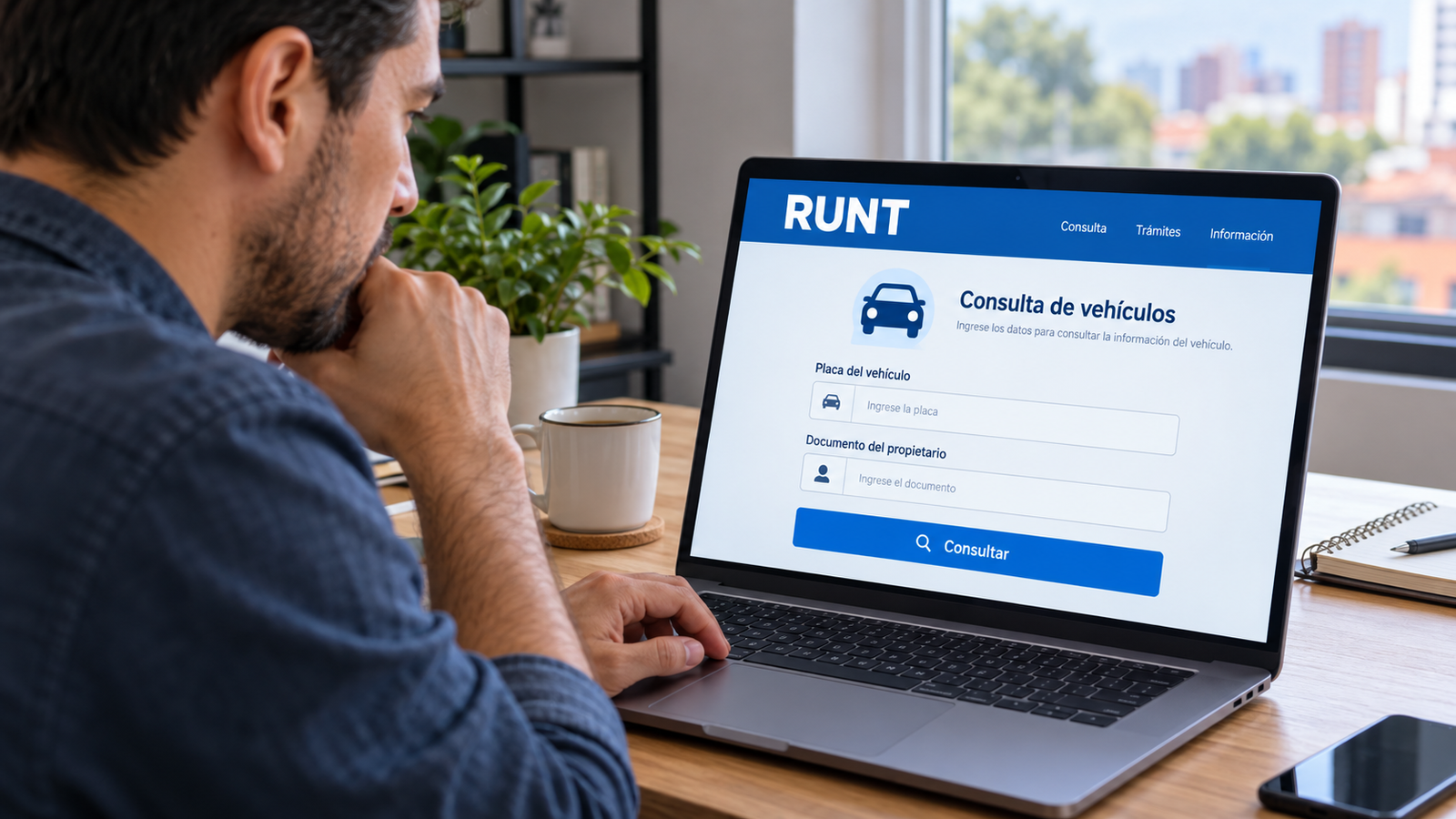 Usuario utilizando una computadora para ingresar al portal oficial del RUNT.
