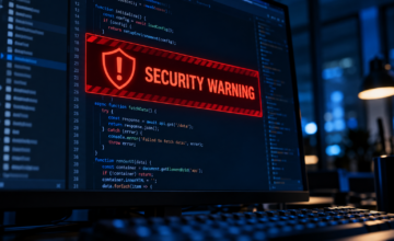 Pantalla de computadora mostrando código de programación con advertencia de seguridad