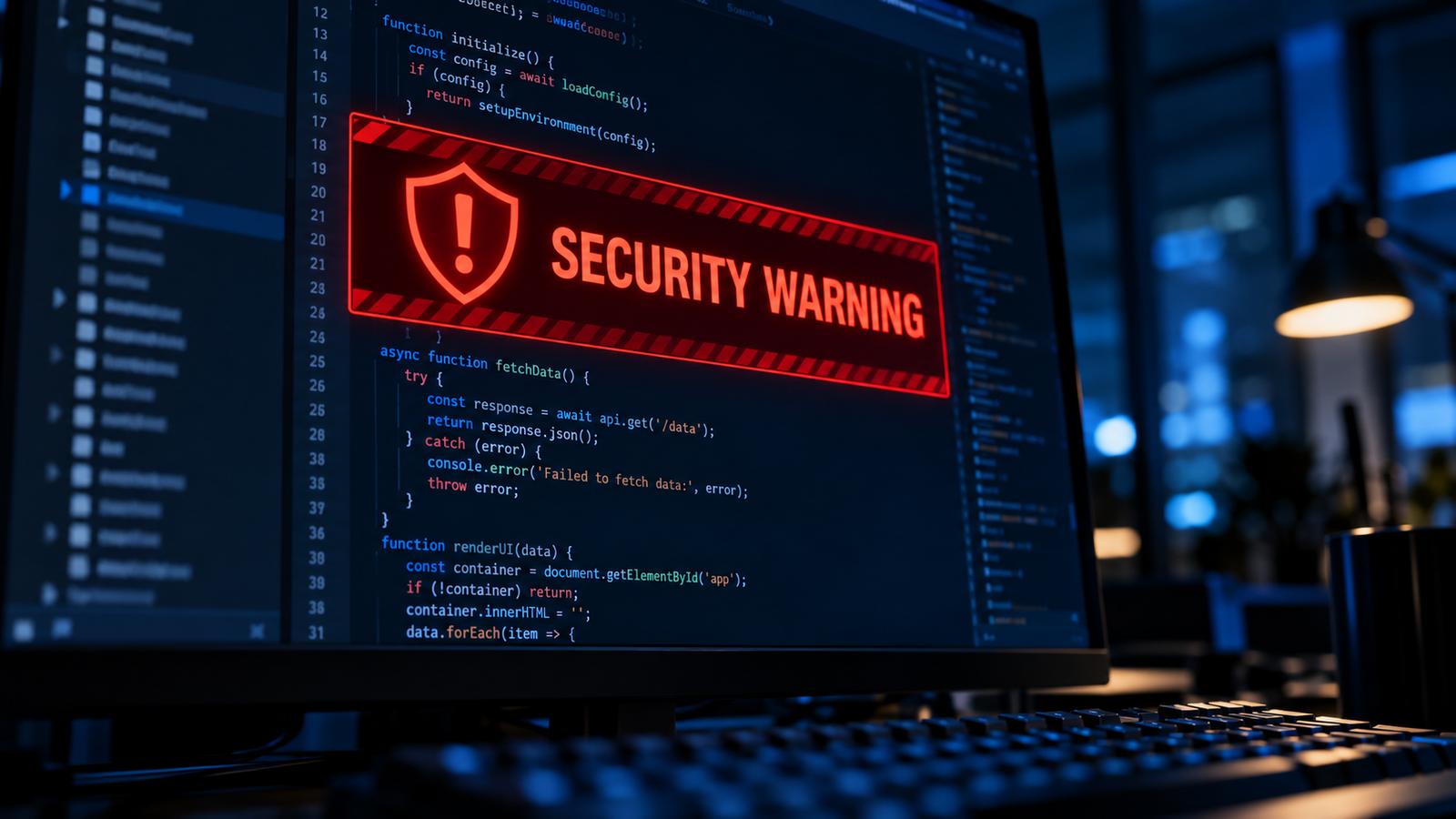 Pantalla de computadora mostrando código de programación con advertencia de seguridad