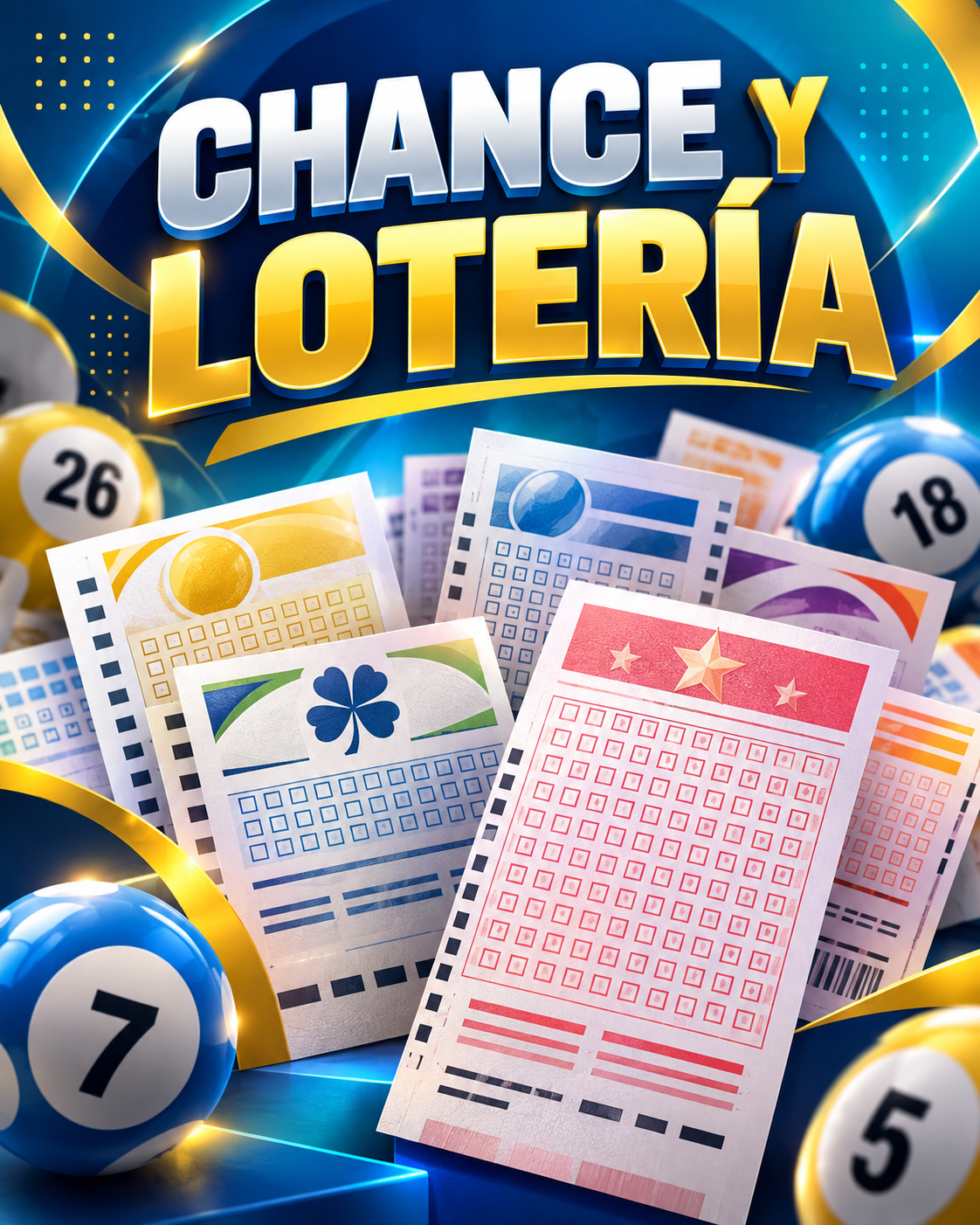 Billetes de juego de chance y lotería sobre un fondo promocional.