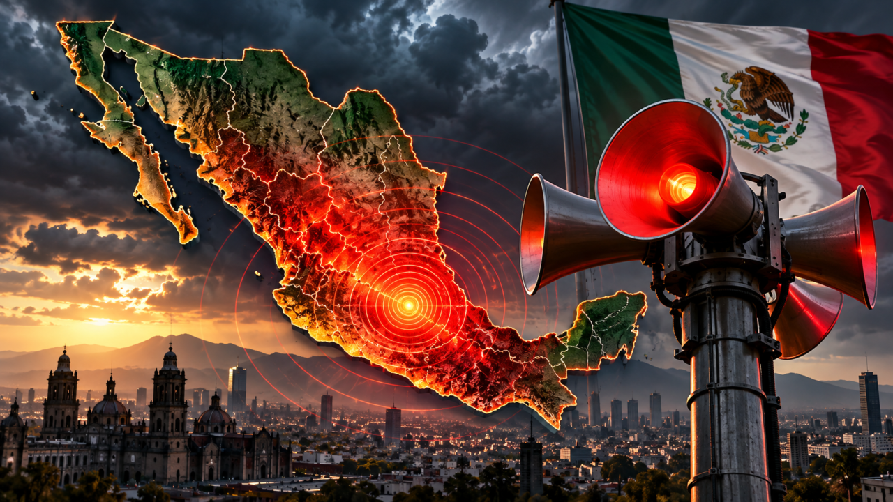 Pantalla digital mostrando el mapa de monitoreo sísmico del Servicio Sismológico Nacional.