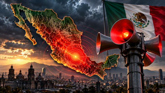 Pantalla digital mostrando el mapa de monitoreo sísmico del Servicio Sismológico Nacional.