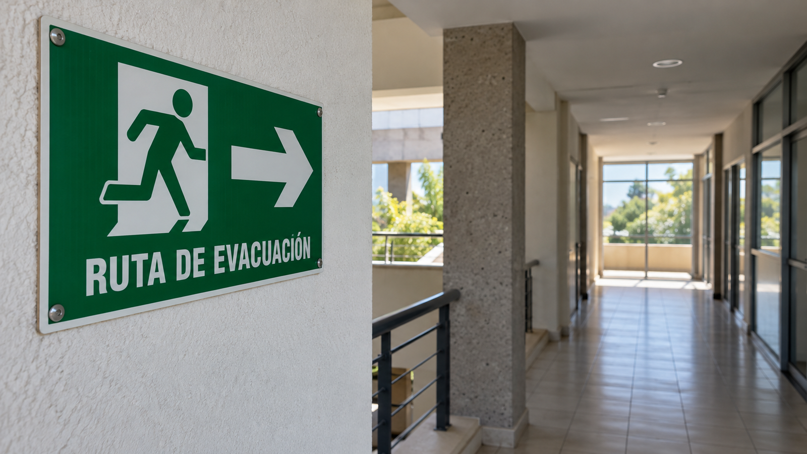 Letrero de ruta de evacuación sísmica ubicado en la pared de un edificio público.