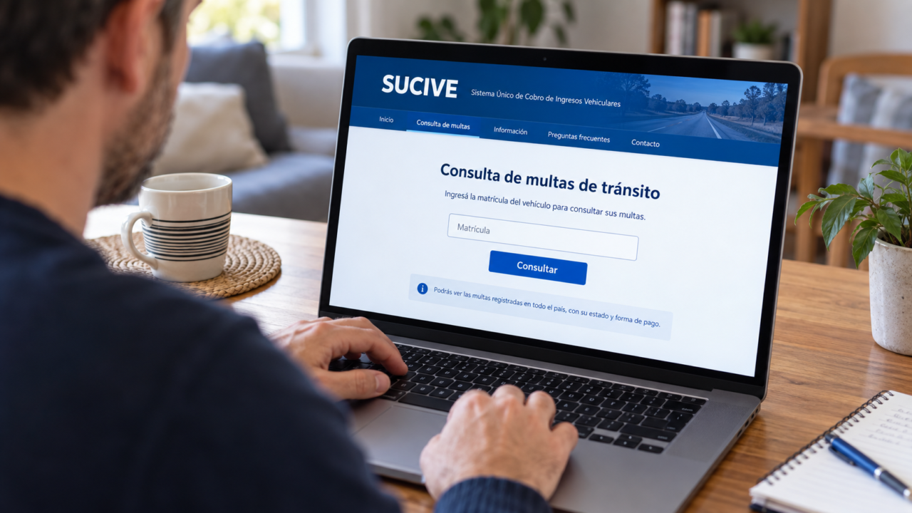 Persona utilizando una computadora para consultar multas de tránsito en la web del Sucive
