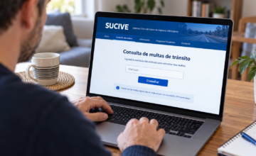 Persona utilizando una computadora para consultar multas de tránsito en la web del Sucive