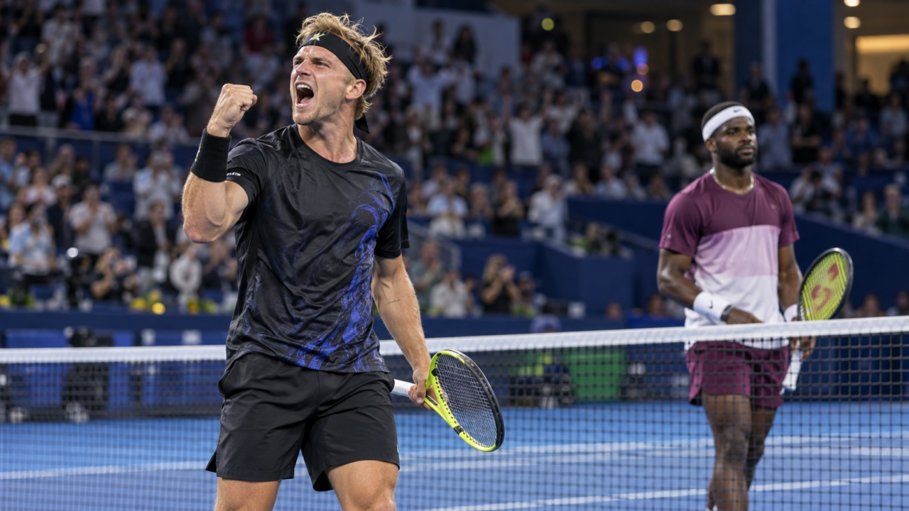 Alejandro Davidovich festejando la victoria sobre Frances Tiafoe en el Masters 1.000 de Shanghái.
