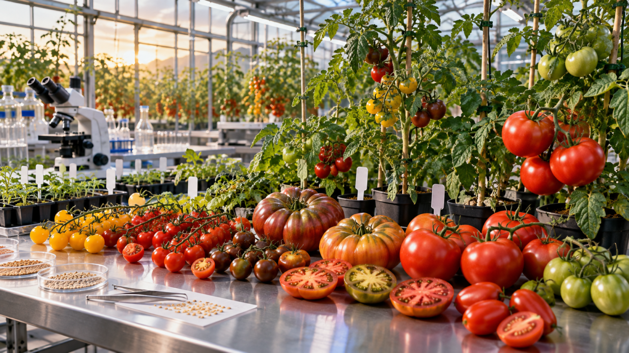 Variedades de tomates silvestres y cultivados en un laboratorio de investigación científica.