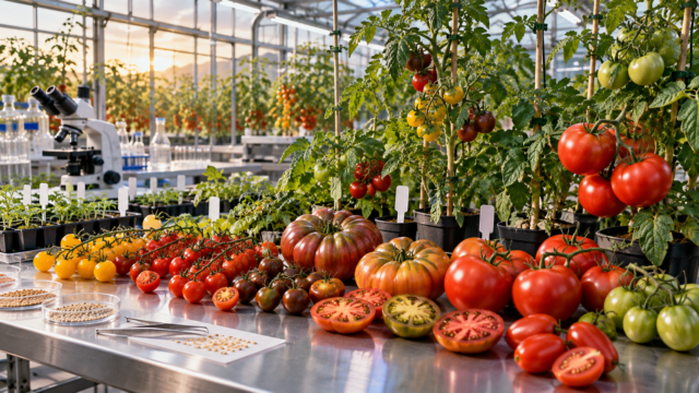 Variedades de tomates silvestres y cultivados en un laboratorio de investigación científica.