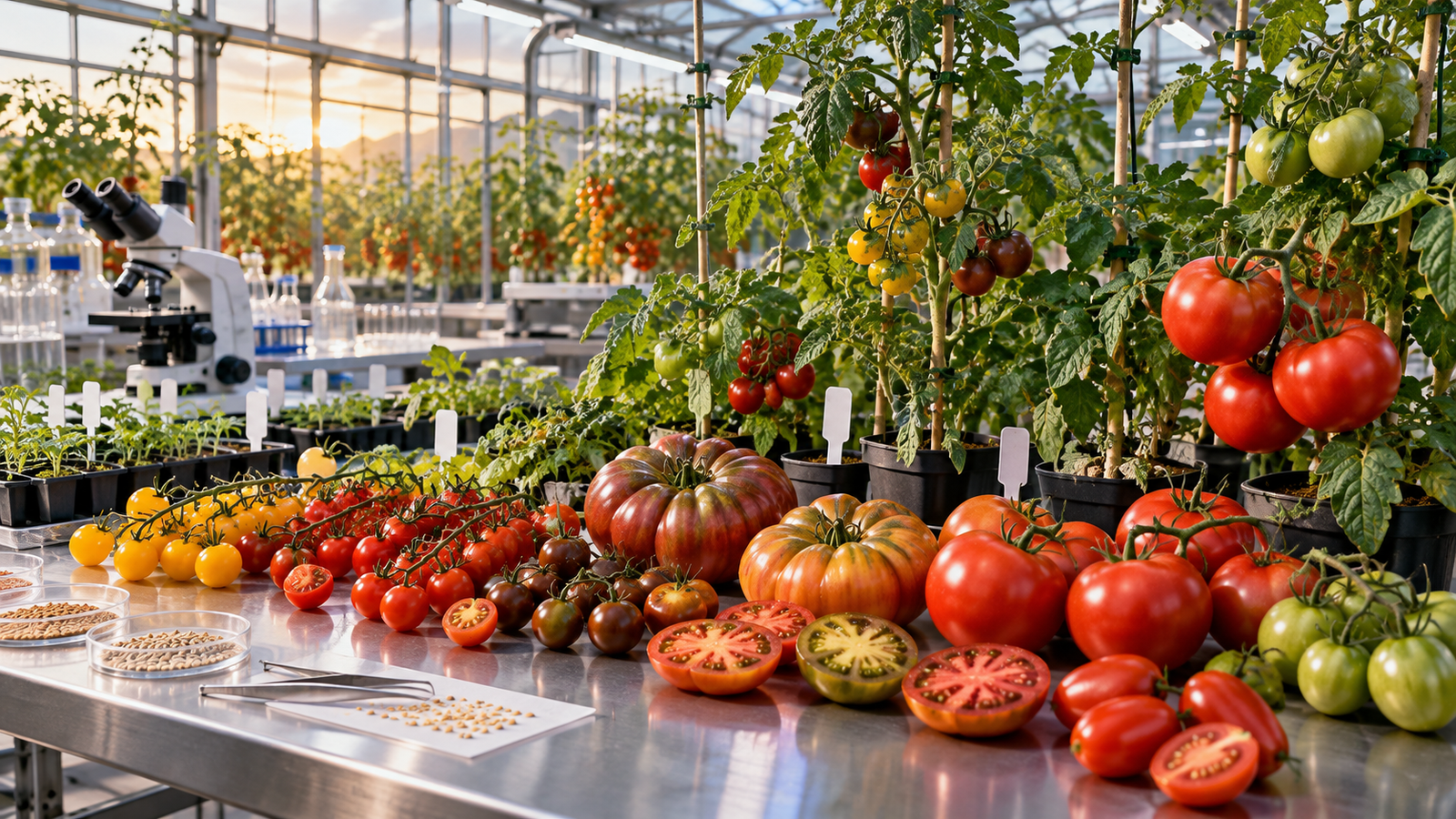 Variedades de tomates silvestres y cultivados en un laboratorio de investigación científica.
