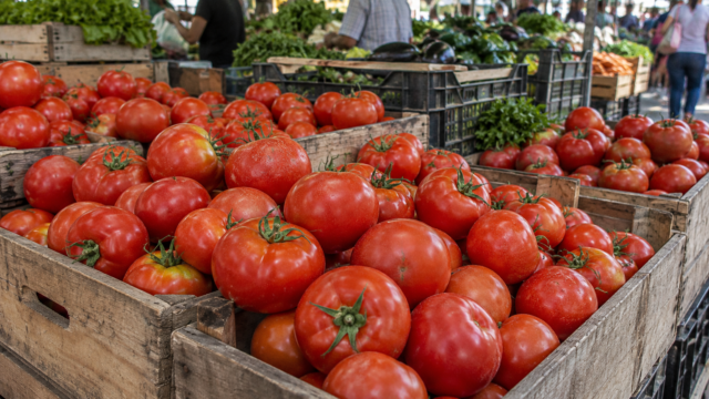 Cajones con tomates frescos a la venta en un puesto de feria franca.