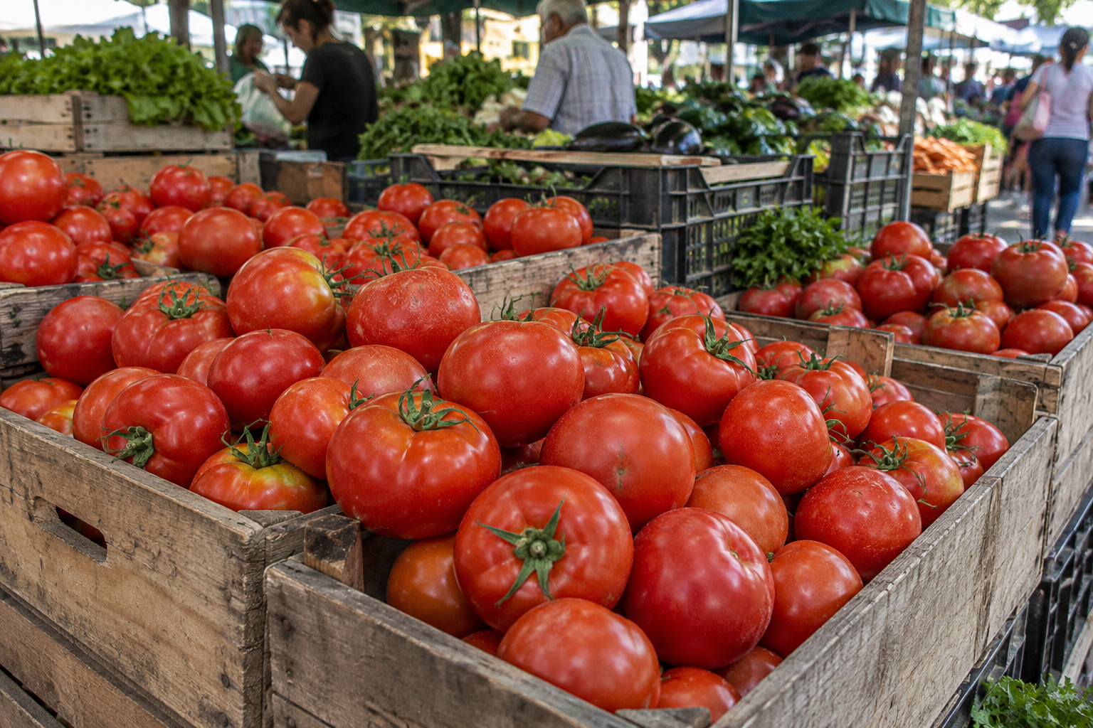 Cajones con tomates frescos a la venta en un puesto de feria franca.