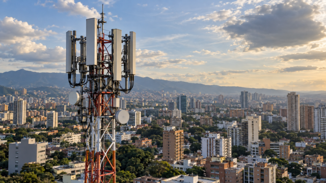 Antena de telecomunicaciones y telefonía móvil sobre un fondo urbano.