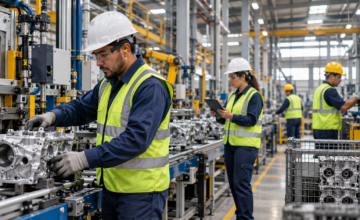 Trabajadores en una planta industrial durante la jornada laboral.