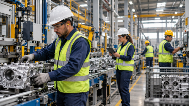 Trabajadores en una planta industrial durante la jornada laboral.