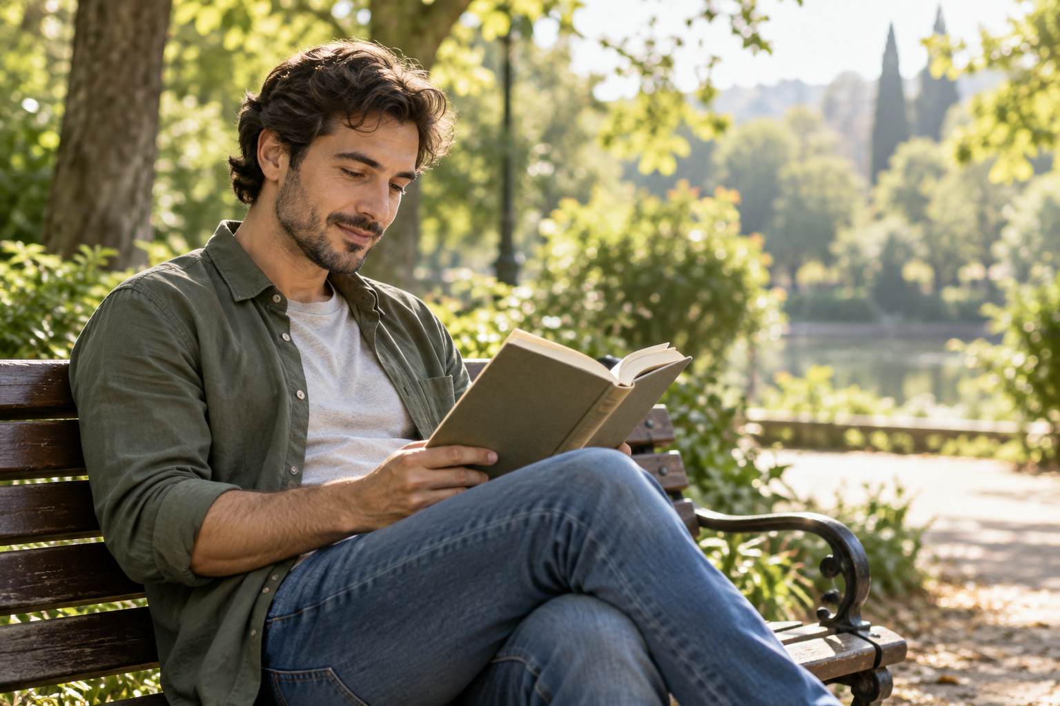 Persona disfrutando de un momento de tranquilidad al aire libre o leyendo un libro
