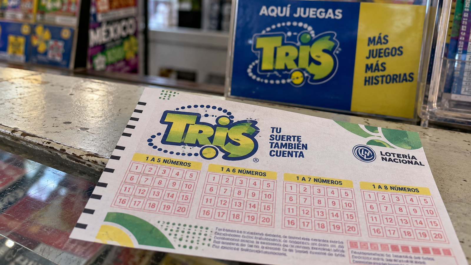 Boleto físico impreso del sorteo de lotería Tris de México.