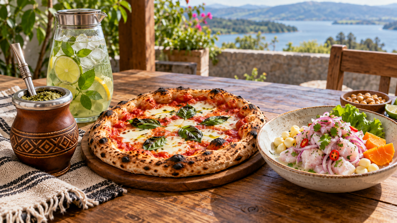 Preparación tradicional de tereré, pizza napolitana y ceviche en una mesa