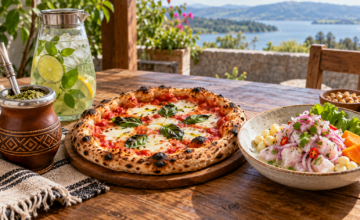 Preparación tradicional de tereré, pizza napolitana y ceviche en una mesa