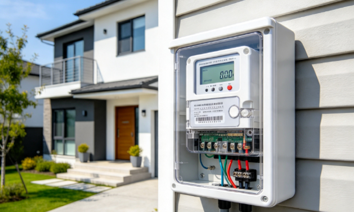 Medidor digital de consumo eléctrico instalado en la fachada de una vivienda.