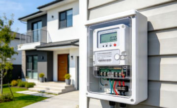 Medidor digital de consumo eléctrico instalado en la fachada de una vivienda.