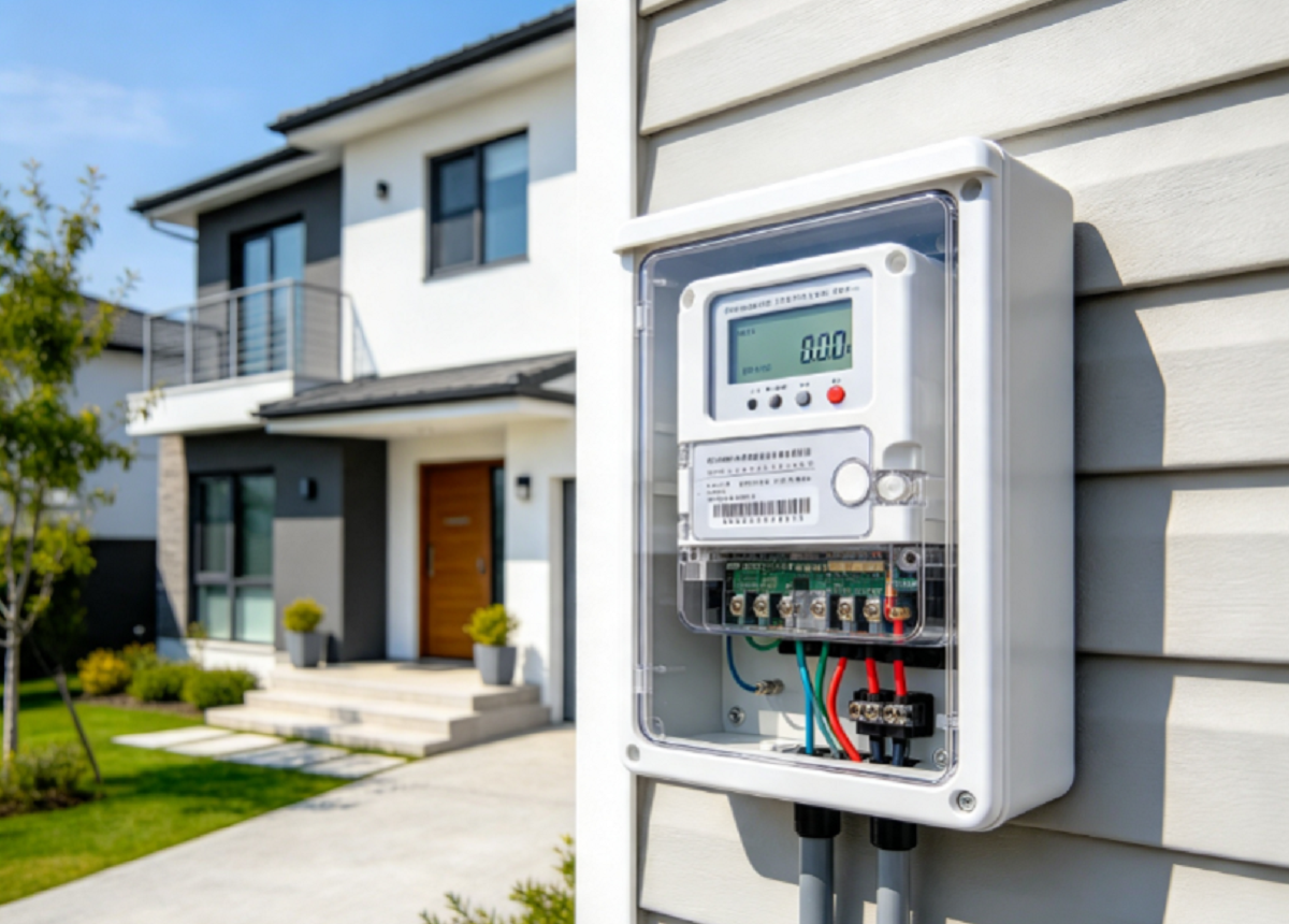 Medidor digital de consumo eléctrico instalado en la fachada de una vivienda.