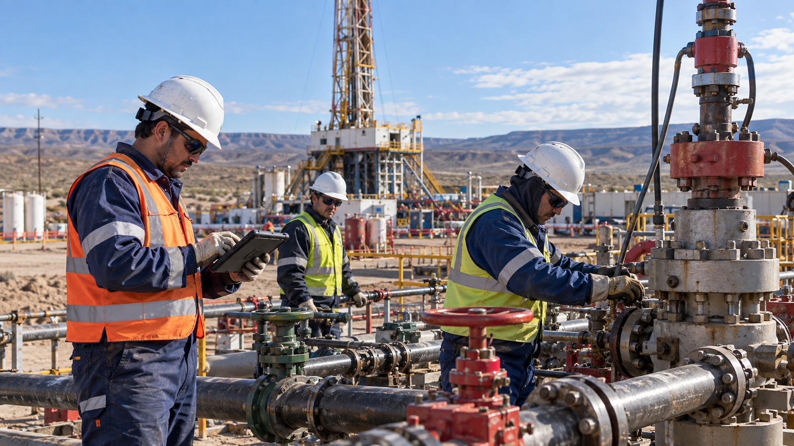 Operarios trabajando en una instalación hidrocarburífera no convencional en Neuquén.