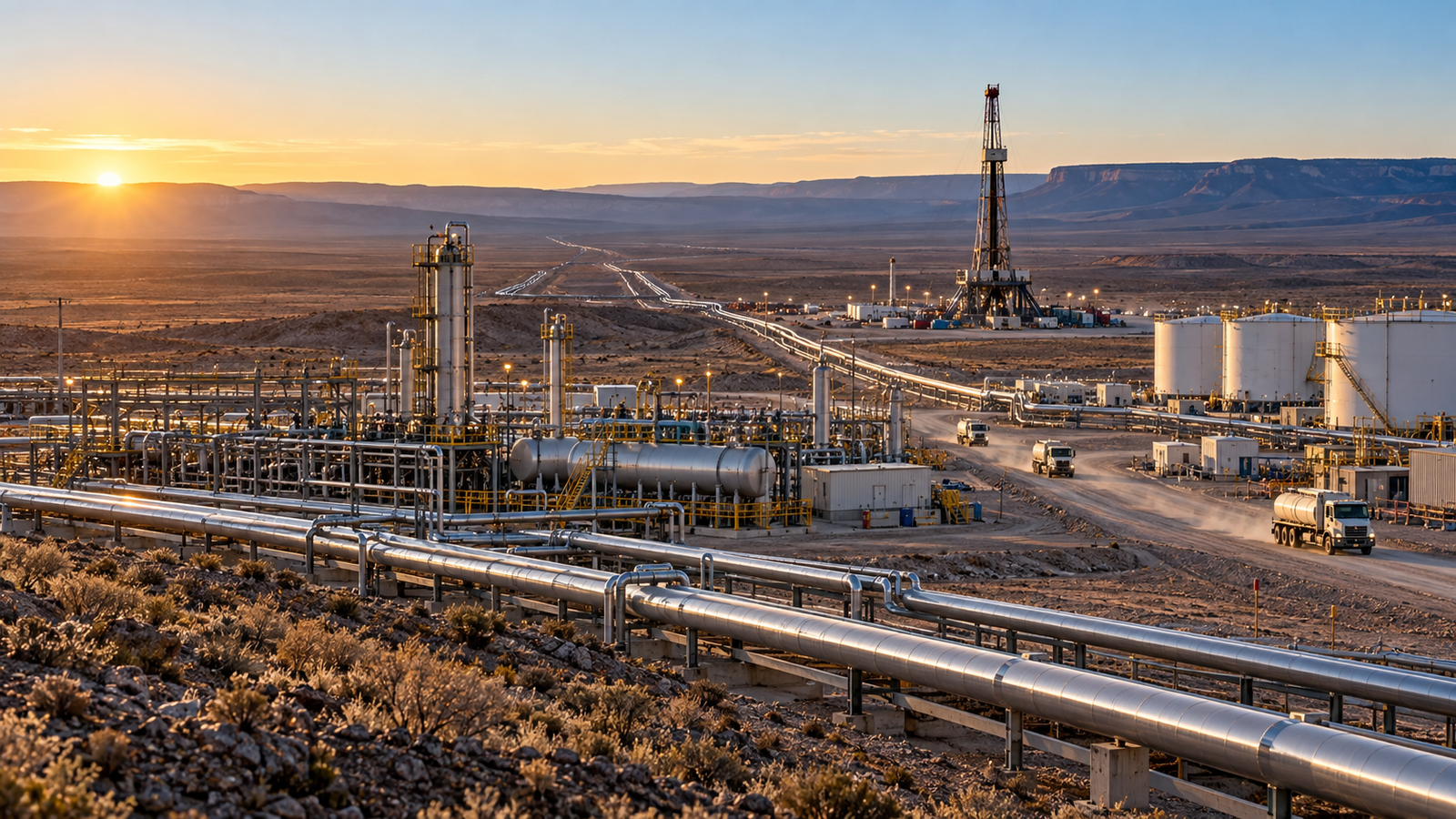 Vista panorámica de la infraestructura energética y de transporte de crudo en Vaca Muerta.
