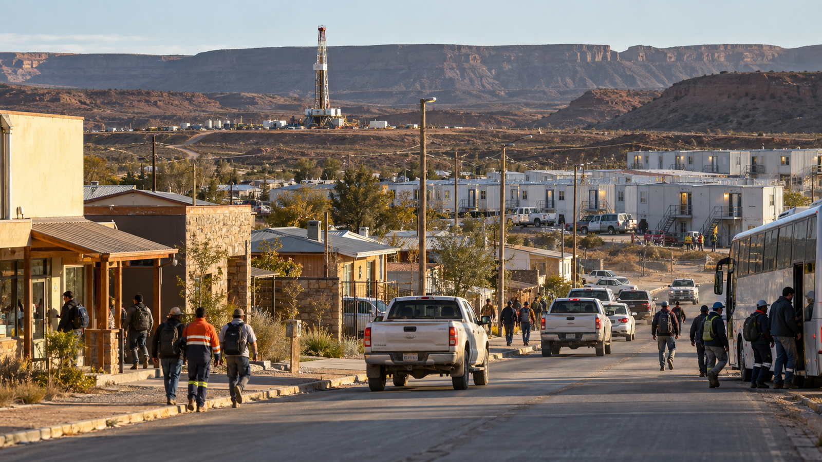 Vista de una localidad en expansión en Añelo, Neuquén, con viviendas, alojamientos para trabajadores petroleros, camionetas y una torre de perforación al fondo.