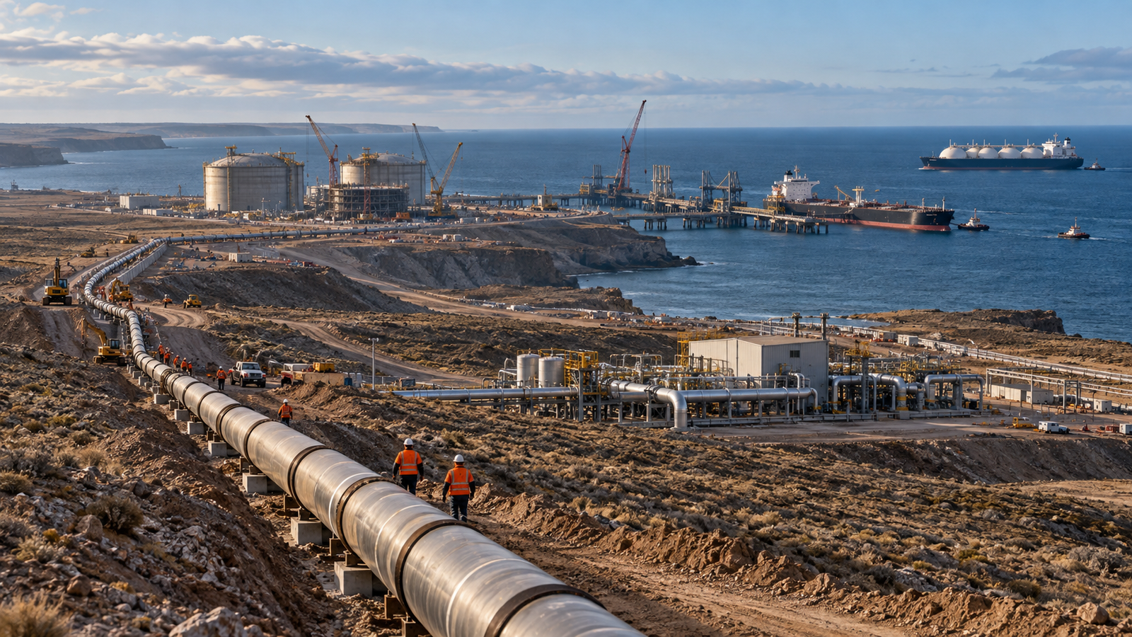 Tuberías cruzan la meseta patagónica hacia una terminal portuaria en construcción, con tanques de almacenamiento, grúas y buques en el mar.