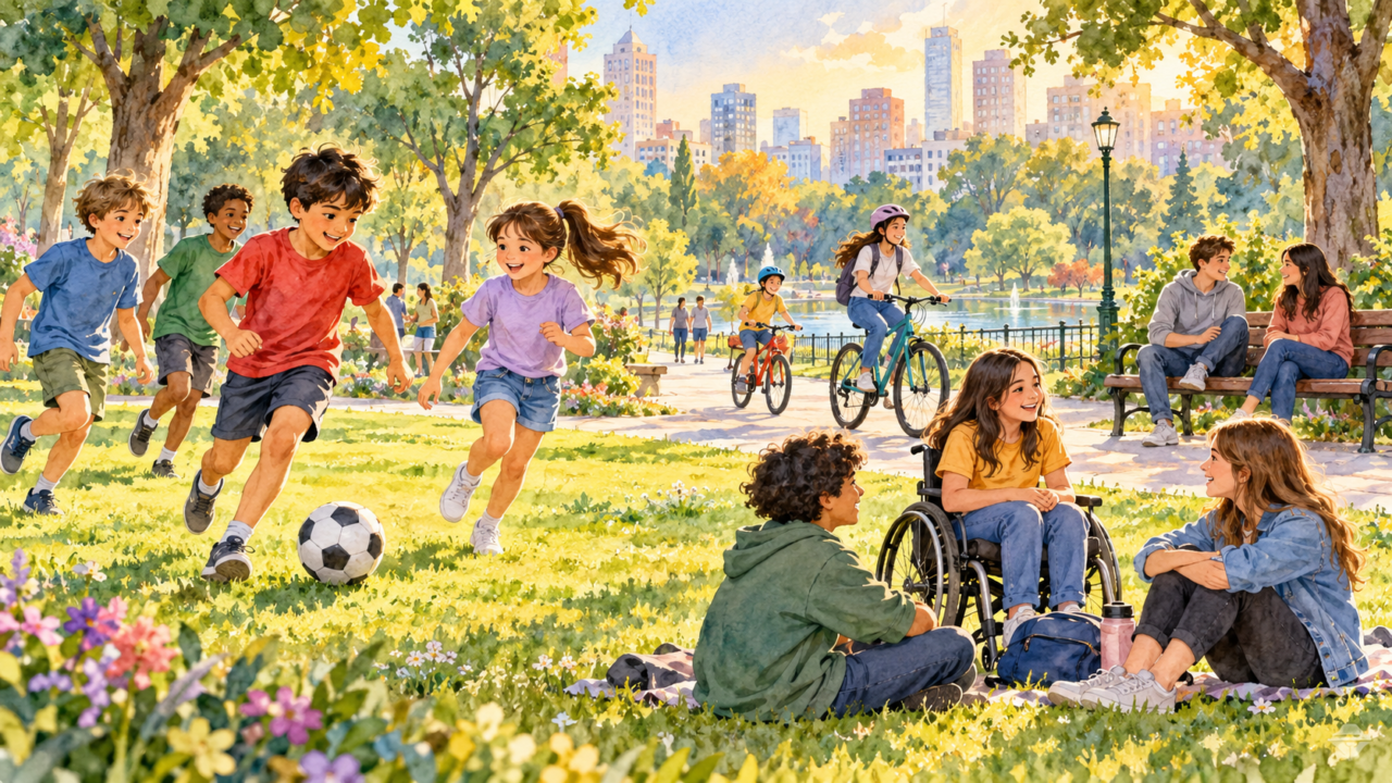 Niños y jóvenes participando en actividades recreativas al aire libre en un parque urbano.