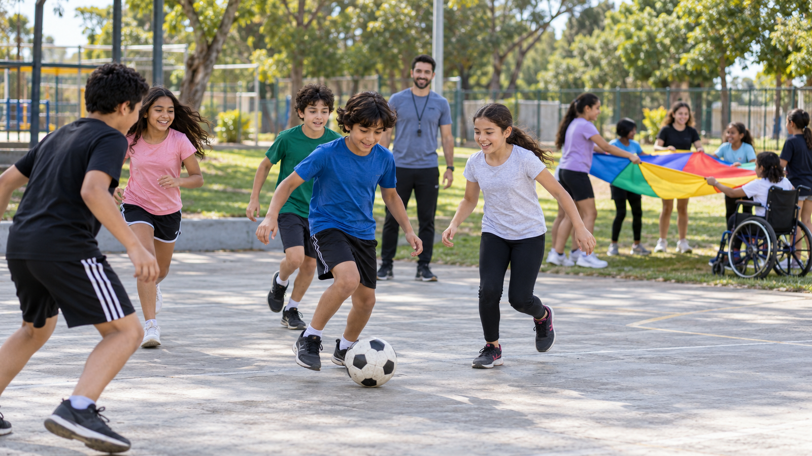 Grupo de estudiantes en talleres deportivos y juegos guiados durante el receso escolar.