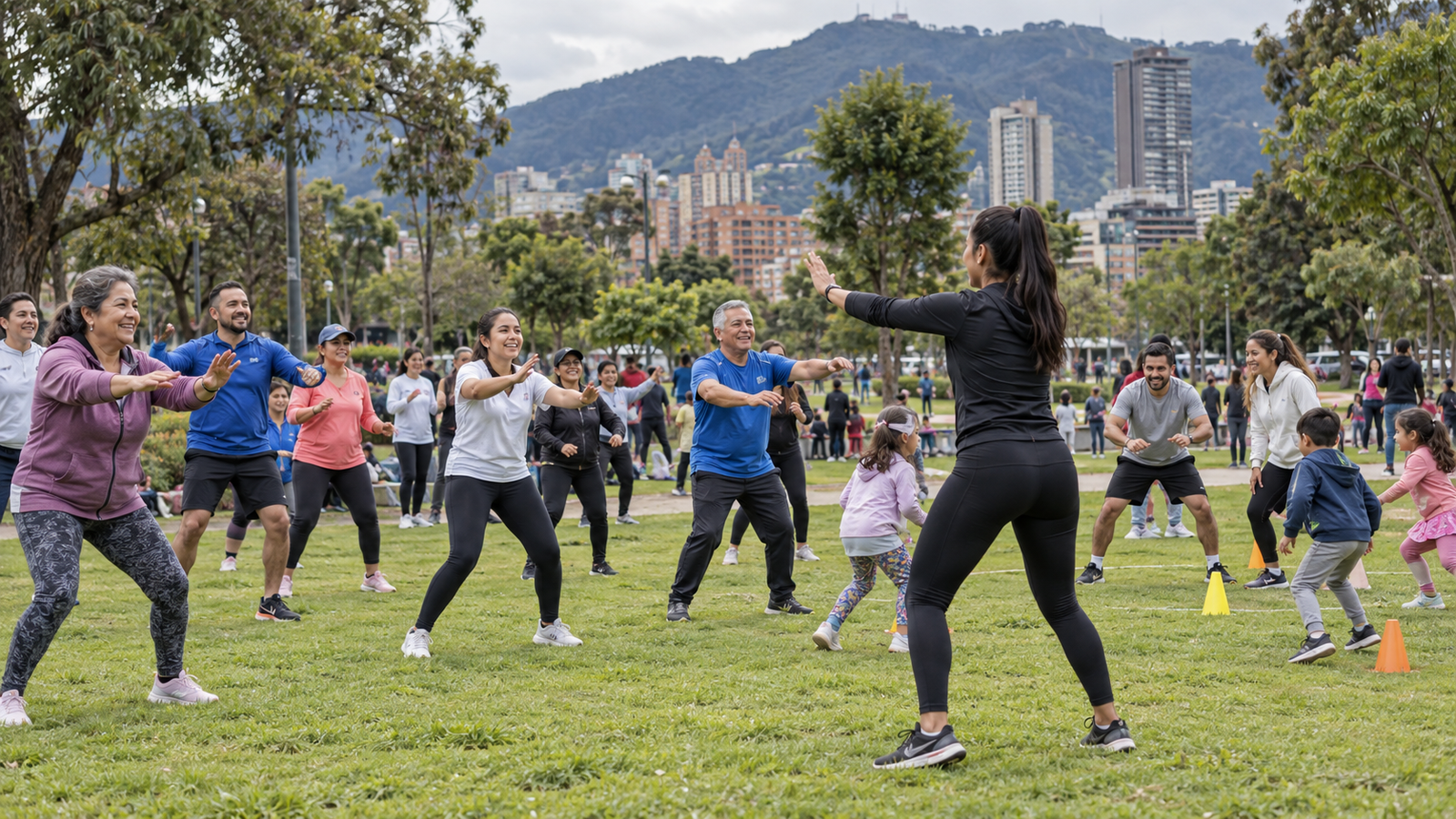 Actividades físicas y de recreación comunitaria organizadas en un parque de Bogotá.