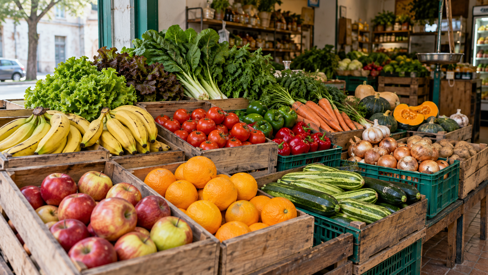 Puesto con cajones de frutas y verduras variadas en un comercio minorista.