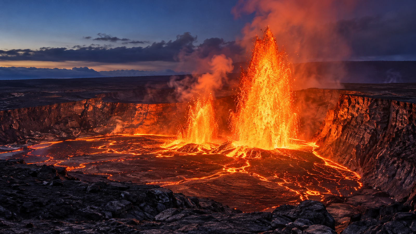 Gigantescas fuentes de lava brotando del cráter Halemaʻumaʻu en el volcán Kīlauea.