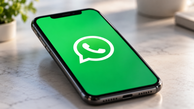 Logotipo de la aplicación de mensajería instantánea WhatsApp en un dispositivo móvil.